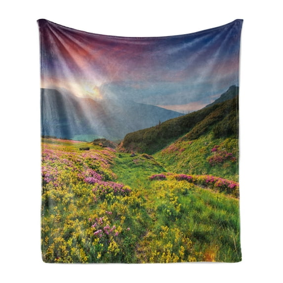 Nature Soft Flannel Fleece Blanket, Summer Season Scene with Fresh Flowers Green Foliage Mountain Landscape Ukraine, Cozy Plush for Indoor and Outdoor Use, 50" x 70", Pink Green Blue, by Ambesonne