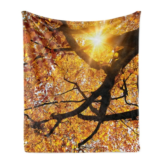Nature Soft Flannel Fleece Blanket, Sun Through Leaf Golden Yellow Vivid October Foliage Harvest Serene Paradise Photo Art, Cozy Plush for Indoor and Outdoor Use, 70" x 90", Orange, by Ambesonne