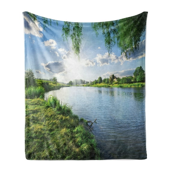 Nature Soft Flannel Fleece Blanket, Sunny Day on a Calm River in Summer Sunshines Greenery Grass Outdoors Cloud, Cozy Plush for Indoor and Outdoor Use, 50" x 60", Fern Green Sky Blue, by Ambesonne