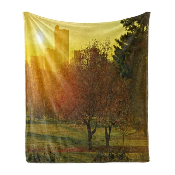 Nature Soft Flannel Fleece Blanket, Sunset over the City Park Colorado Skyline Autumn Theme Scenic Picture, Cozy Plush for Indoor and Outdoor Use, 50" x 70", Fern Green Dark Orange, by Ambesonne