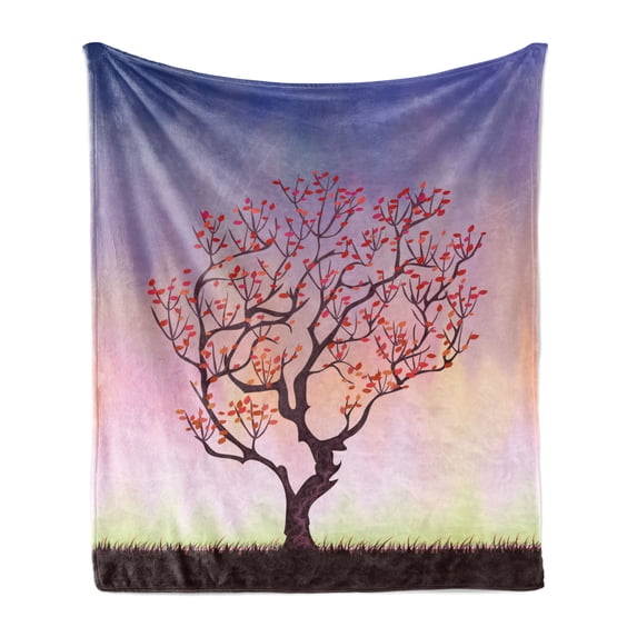 Nature Soft Flannel Fleece Blanket, Sunset Rise Morning Scenery of Fall Autumn Tree from the Valley Hills Image, Cozy Plush for Indoor and Outdoor Use, 50" x 60", Pink Blue and Brown, by Ambesonne
