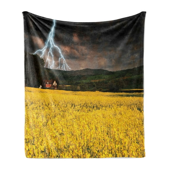 Nature Soft Flannel Fleece Blanket, Thunderstorm over the Meadow Valley with Scary Dark Sky Rural Farm Scenery, Cozy Plush for Indoor and Outdoor Use, 50" x 60", Yellow Green Purple, by Ambesonne