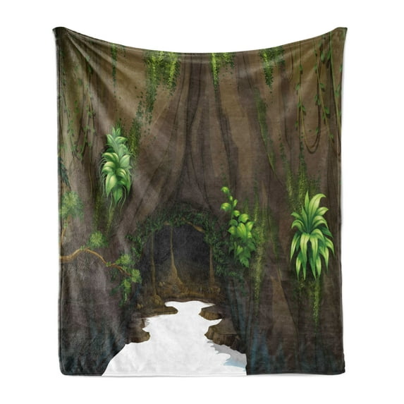 Nature Soft Flannel Fleece Blanket, Tree Cave Surrounded with Moss Woodland Green Fantasy Secret World Cartoon, Cozy Plush for Indoor and Outdoor Use, 60" x 80", Fern Green Chocolate, by Ambesonne