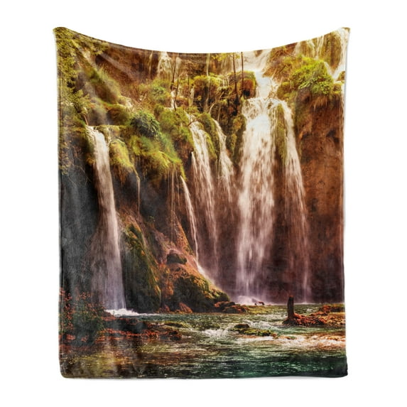 Nature Soft Flannel Fleece Blanket, Waterfall Cascade Forest Tree Moss Lake Stones Rocks Wonder of the World Image, Cozy Plush for Indoor and Outdoor Use, 70" x 90", Green and Brown, by Ambesonne