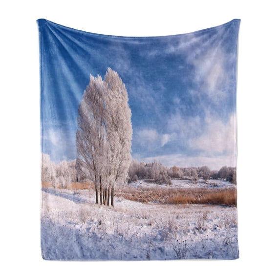 Nature Soft Flannel Fleece Blanket, Winter Landscape with Snowy Foliage and Tree Icy Frozen Lands Panorama, Cozy Plush for Indoor and Outdoor Use, 70" x 90", Turquoise Avocado Green, by Ambesonne
