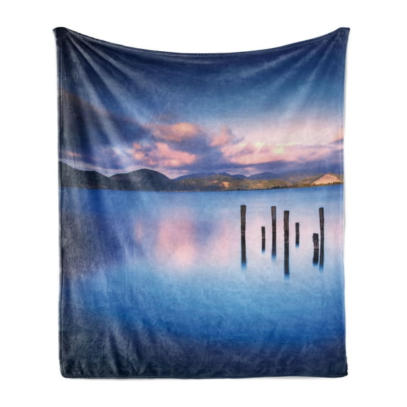 Nature Soft Flannel Fleece Blanket, Wooden Pier Tops Remain in Lake with Sunset Mirror Image out Different Perspectives, Cozy Plush for Indoor and Outdoor Use, 70" x 90", Royal Blue, by Ambesonne
