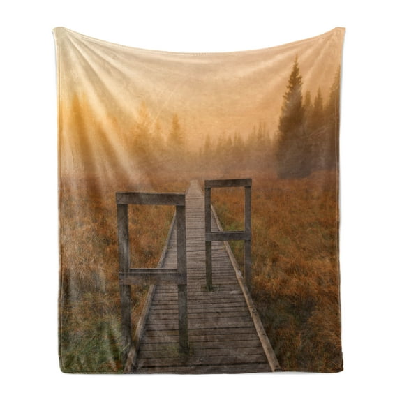Nature Soft Flannel Fleece Blanket, Wooden Road Leads to the Misty Forest on a Foggy Day Image Dreamy Nature Theme Art, Cozy Plush for Indoor and Outdoor Use, 60" x 80", Orange Brown, by Ambesonne