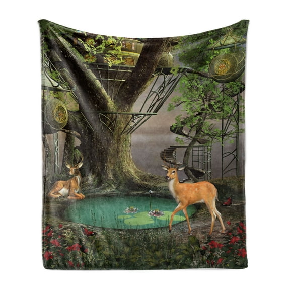 Nature Soft Flannel Fleece Throw Blanket, Abstract Fairtale Scene with Tree House Lanterns Pond and Deer in Forest Print, Cozy Plush for Indoor and Outdoor Use, 50" x 70", Multicolor, by Ambesonne