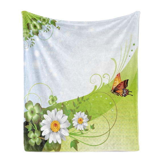 Nature Soft Flannel Fleece Throw Blanket, Abstract Springtime Design Blooming Flowers and Colorful Butterfly, Cozy Plush for Indoor and Outdoor Use, 70" x 90", Apple Green Multicolor, by Ambesonne
