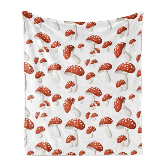 Nature Soft Flannel Fleece Throw Blanket, Amanita Muscaria Mushrooms Motifs in Cartoon Style, Cozy Plush for Indoor and Outdoor Use, 70" x 90", Burnt Orange Rust, by Ambesonne