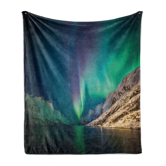 Nature Soft Flannel Fleece Throw Blanket, Aurora Borealis Above the Rocky Hills Magnetic Poles Solar Space Panorama, Cozy Plush for Indoor and Outdoor Use, 60" x 80", Jade Green, by Ambesonne