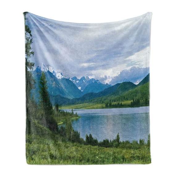 Nature Soft Flannel Fleece Throw Blanket, Belukha Mountain by the Lake Surrounded Mountain with Snowy Peaks Print, Cozy Plush for Indoor and Outdoor Use, 70" x 90", Fern Green Pale Blue, by Ambesonne