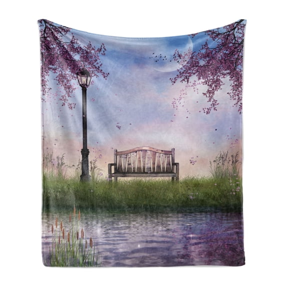 Nature Soft Flannel Fleece Throw Blanket, Bench on Flowing River with Crescent Moon Lavender Trees and Grass Illustration, Cozy Plush for Indoor and Outdoor Use, 70" x 90", Multicolor, by Ambesonne