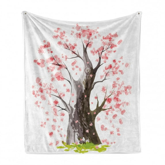 Nature Soft Flannel Fleece Throw Blanket, Big Sakura Tree in Full Blossom Seasonal Far Eastern Nature Artwork, Cozy Plush for Indoor and Outdoor Use, 70" x 90", Pink Black Green, by Ambesonne