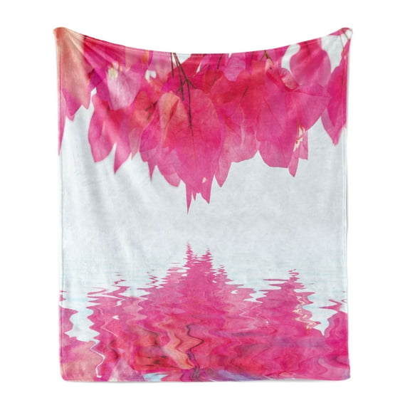 Nature Soft Flannel Fleece Throw Blanket, Bougainvillea Flowers Petals Projecting to the Water Exotic Feminine Print, Cozy Plush for Indoor and Outdoor Use, 50" x 60", Hot Pink, by Ambesonne