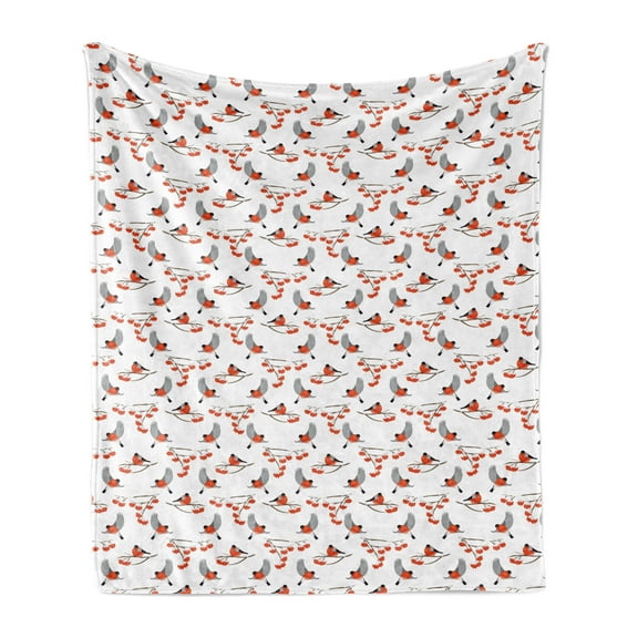 Nature Soft Flannel Fleece Throw Blanket, Bullfinch Birds Flying Around and Perching on Rowan Branches, Cozy Plush for Indoor and Outdoor Use, 70" x 90", Vermilion Pale Grey, by Ambesonne
