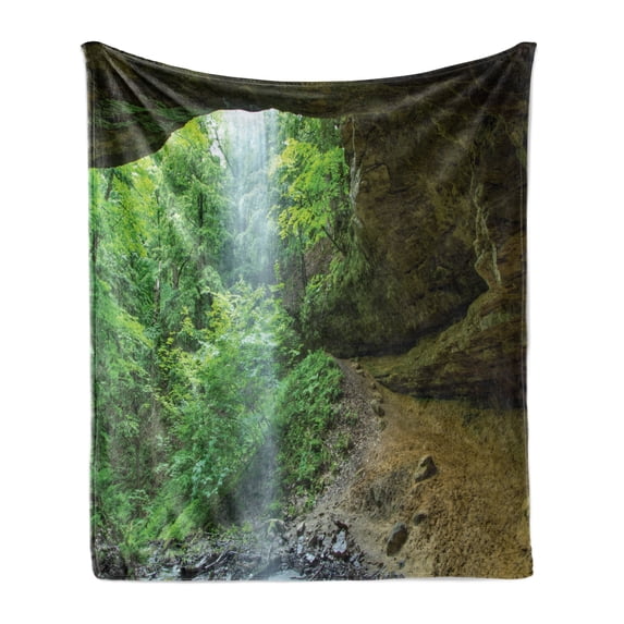 Nature Soft Flannel Fleece Throw Blanket, Canyon Michigan Caves Memorial Falls in the Forest Eco Foliage Picture, Cozy Plush for Indoor and Outdoor Use, 50" x 70", Army and Fern Green, by Ambesonne