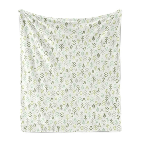 Nature Soft Flannel Fleece Throw Blanket, Continuous Pattern Simple Design of Fir Trees on Plain Background, Cozy Plush for Indoor and Outdoor Use, 50" x 60", Off White and Multicolor, by Ambesonne