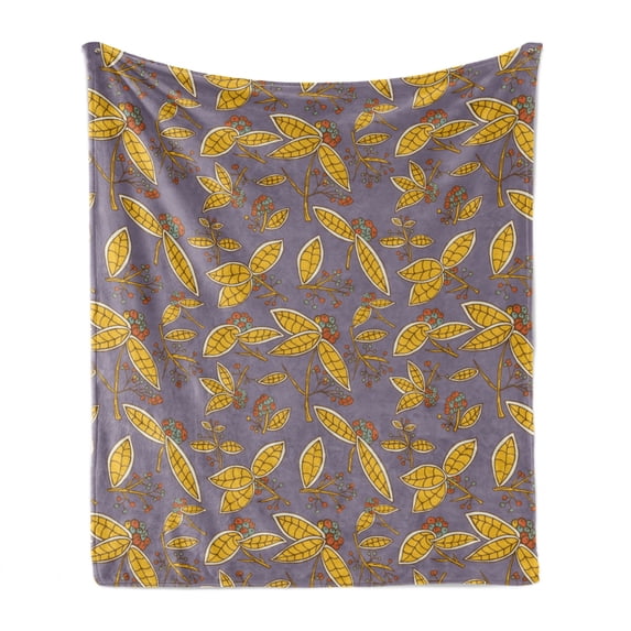 Nature Soft Flannel Fleece Throw Blanket, Cranberry Patterns Along Leaves and Berries Organic Garden Art, Cozy Plush for Indoor and Outdoor Use, 70" x 90", Earth Yellow and Burnt Orange, by Ambesonne