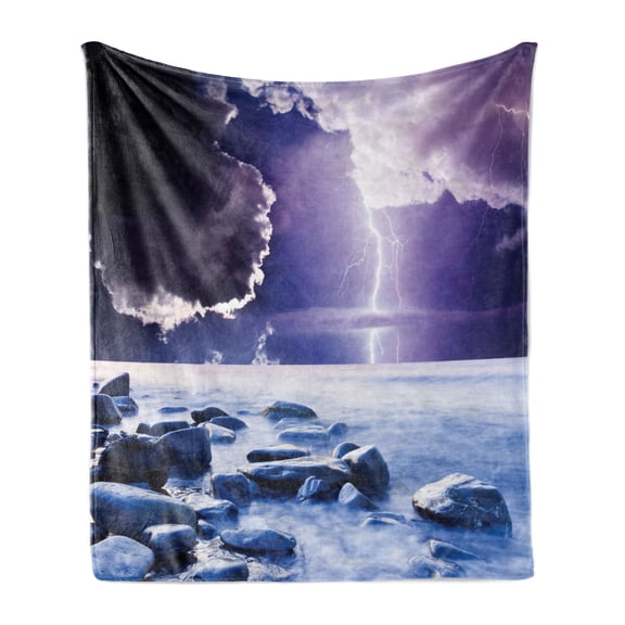 Nature Soft Flannel Fleece Throw Blanket, Dark Ominous Rain Clouds with Mystic Sky Scenery with Electrical Thunder Photo, Cozy Plush for Indoor and Outdoor Use, 60" x 80", Blue Purple, by Ambesonne