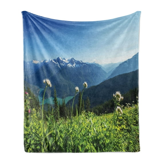 Nature Soft Flannel Fleece Throw Blanket, Diablo Lake Washington Mountains Dandelions Thistle Flowers Wilderness Image, Cozy Plush for Indoor and Outdoor Use, 60" x 80", Green Sky Blue, by Ambesonne