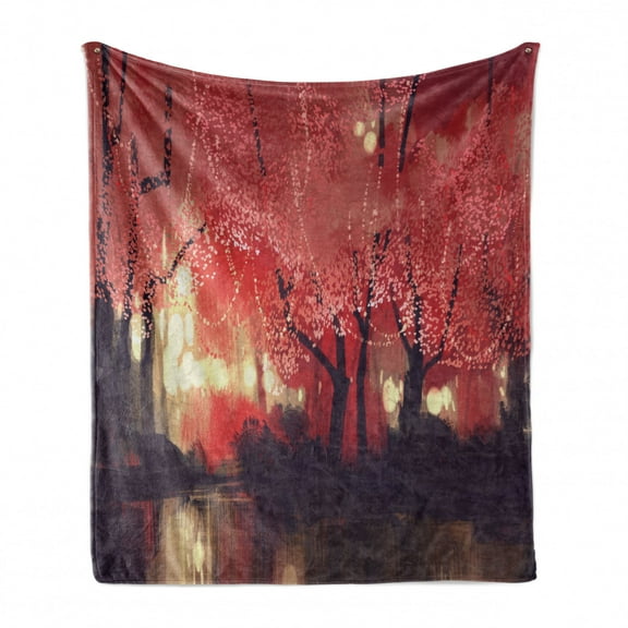 Nature Soft Flannel Fleece Throw Blanket, Enchanted Mist Forest with Shady Autumn Trees at Night Paint Artwork, Cozy Plush for Indoor and Outdoor Use, 70" x 90", Brown and Ruby, by Ambesonne