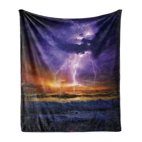 Nature Soft Flannel Fleece Throw Blanket, Epic Thunder and the Storm on the Sea Wave Horizon Bad Weather Atmosphere, Cozy Plush for Indoor and Outdoor Use, 50" x 70", Purple and Orange, by Ambesonne