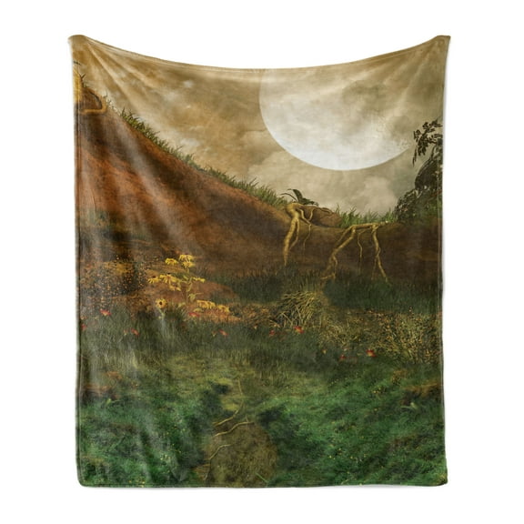 Nature Soft Flannel Fleece Throw Blanket, Exquisite Valley with Giant Full Moon Sky Enchanted Fantasy Scenery, Cozy Plush for Indoor and Outdoor Use, 70" x 90", Fern Green Cinnamon, by Ambesonne