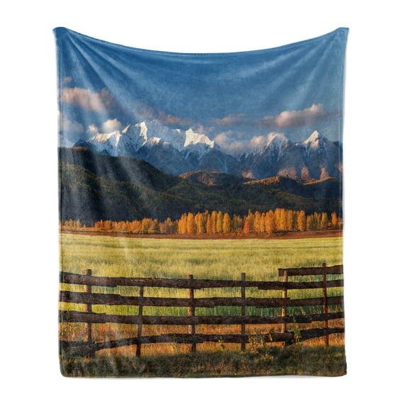 Nature Soft Flannel Fleece Throw Blanket, Farm Field with Snow Covered Mountain Nature Valley Forest Panoramic Work of Art, Cozy Plush for Indoor and Outdoor Use, 60" x 80", Multicolor, by Ambesonne