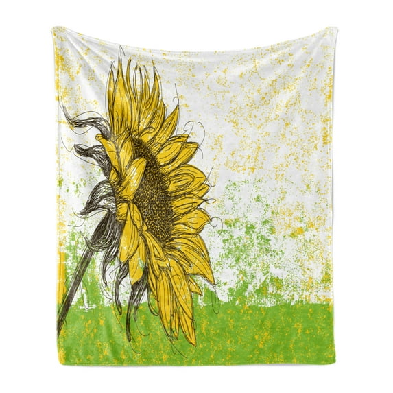 Nature Soft Flannel Fleece Throw Blanket, Floral Print Sunflowers in a Field Summer Garden Sketchy Abstract Detail Image, Cozy Plush for Indoor and Outdoor Use, 70" x 90", Multicolor, by Ambesonne
