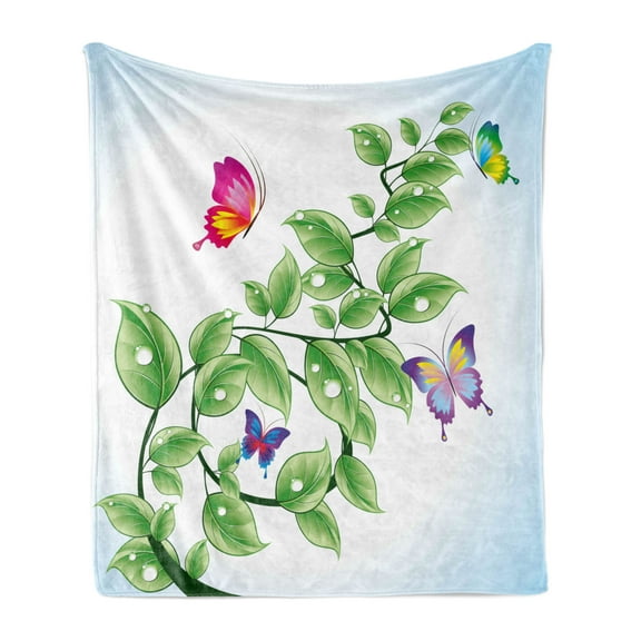 Nature Soft Flannel Fleece Throw Blanket, Floral Theme Branch with Leaves Butterflies and Drops of Water Pattern, Cozy Plush for Indoor and Outdoor Use, 50" x 60", Fern Green Pale Blue, by Ambesonne