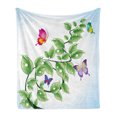 thumbnail image 1 of Nature Soft Flannel Fleece Throw Blanket, Floral Theme Branch with Leaves Butterflies and Drops of Water Pattern, Cozy Plush for Indoor and Outdoor Use, 70" x 90", Fern Green Pale Blue, by Ambesonne, 1 of 6