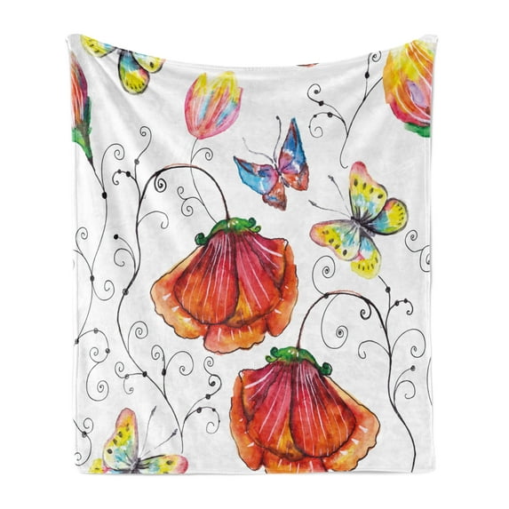 Nature Soft Flannel Fleece Throw Blanket, Flowers with Swirled Branches Butterflies in Watercolors Botanical Summer, Cozy Plush for Indoor and Outdoor Use, 60" x 80", Multicolor, by Ambesonne