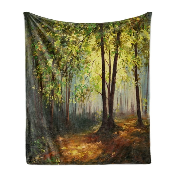 Nature Soft Flannel Fleece Throw Blanket, Forest Tree Painting in Earthen Color Effects Spring Woodland Artwork, Cozy Plush for Indoor and Outdoor Use, 50" x 60", Fern Green Cinnamon, by Ambesonne