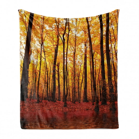 Nature Soft Flannel Fleece Throw Blanket, Forest Trees in the Fall with Orange Warm Leaves Lake Woodsy Design Farmhouse, Cozy Plush for Indoor and Outdoor Use, 60" x 80", Brown Orange, by Ambesonne