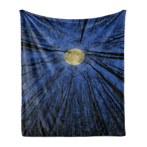 Nature Soft Flannel Fleece Throw Blanket, Full Moon Depiction in Woods Star Night Heavenly Lunar Treetops up Space Universe Art, Cozy Plush for Indoor and Outdoor Use, 60" x 80", Blue, by Ambesonne