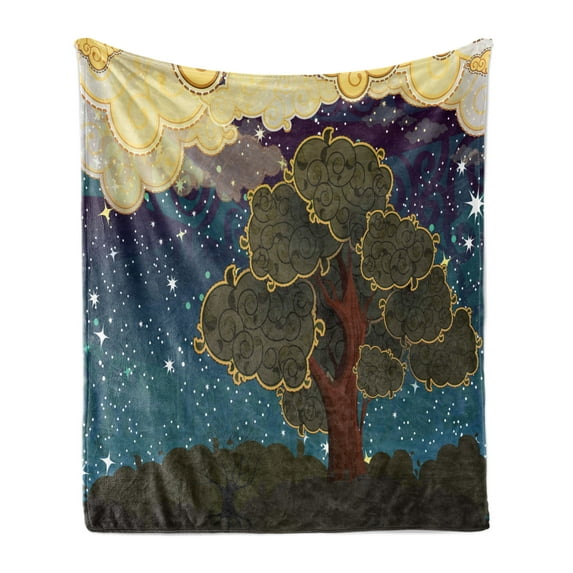 Nature Soft Flannel Fleece Throw Blanket, Funk Art Vibrant Starry Night Sky Puffy Clouds Tree Illustration Print, Cozy Plush for Indoor and Outdoor Use, 60" x 80", Multicolor, by Ambesonne