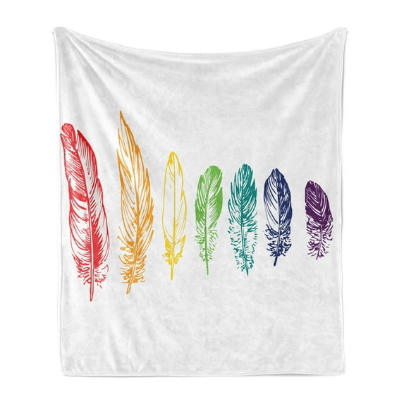 Nature Soft Flannel Fleece Throw Blanket, Group of Ink Drawing Style with Rainbow Feathers Natural Artwork Print, Cozy Plush for Indoor and Outdoor Use, 60" x 80", Red Green Purple, by Ambesonne