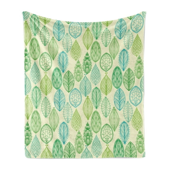 Nature Soft Flannel Fleece Throw Blanket, Hand Drawn Vintage Style Ornamental Leaves Forest Pattern in Green and Blue Tones, Cozy Plush for Indoor and Outdoor Use, 60" x 80", Multicolor, by Ambesonne