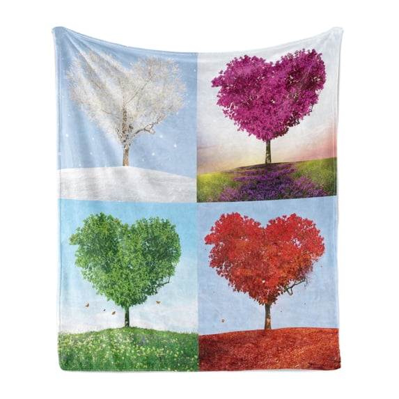 Nature Soft Flannel Fleece Throw Blanket, Heart Shaped Trees in 4 Seasons of Year Love and Adoration Themed Illustration, Cozy Plush for Indoor and Outdoor Use, 50" x 70", Multicolor, by Ambesonne