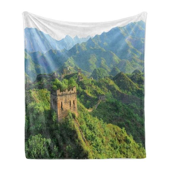 Nature Soft Flannel Fleece Throw Blanket, Idyllic Aerial View of Historical Construction Invasion Natural Scenery, Cozy Plush for Indoor and Outdoor Use, 60" x 80", Green, by Ambesonne