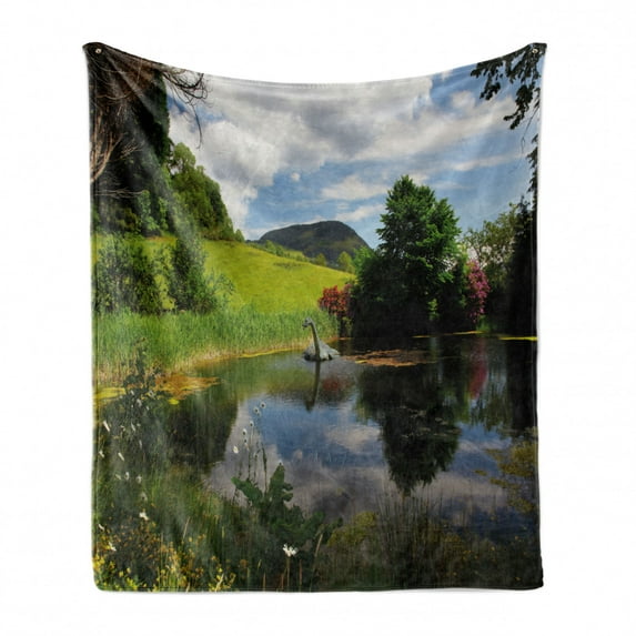 Nature Soft Flannel Fleece Throw Blanket, Lake by Meadow in a Sunny Day Rural Country Valley Scottish Summertime Landscape, Cozy Plush for Indoor and Outdoor Use, 50" x 70", Multicolor, by Ambesonne