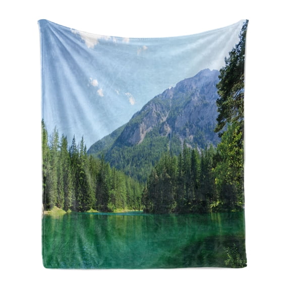 Nature Soft Flannel Fleece Throw Blanket, Lake Surrounded by Forest at Mountain Valley Austrian Rural Scenery, Cozy Plush for Indoor and Outdoor Use, 50" x 70", Pale Blue Hunter Green, by Ambesonne