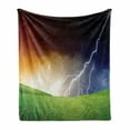 thumbnail image 1 of Nature Soft Flannel Fleece Throw Blanket, Nature Landscape with Fresh Grass Field and Thunder Environmental Theme, Cozy Plush for Indoor and Outdoor Use, 50" x 60", Green Orange Blue, by Ambesonne, 1 of 6