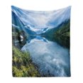 thumbnail image 1 of Nature Soft Flannel Fleece Throw Blanket, Landscape Photography with Wooden Cabins Clear River and Mountains Norway Europe, Cozy Plush for Indoor and Outdoor Use, 70" x 90", Blue Green, by Ambesonne, 1 of 5