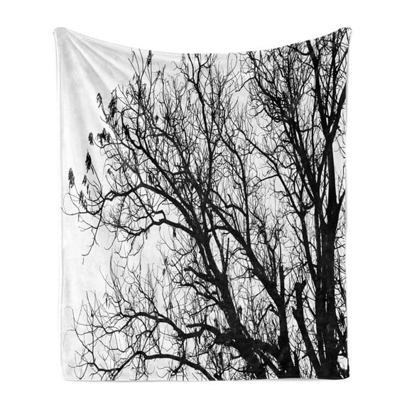 Nature Soft Flannel Fleece Throw Blanket, Leafless Autumn Fall Tree Branches Tops Oak Forest Woodland Season Eco Theme, Cozy Plush for Indoor and Outdoor Use, 60" x 80", Black and White, by Ambesonne