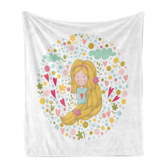 Nature Soft Flannel Fleece Throw Blanket, Little Kid with Pinkish Cheeks and Long Hair Surrounded by Spring Nature Cartoon, Cozy Plush for Indoor and Outdoor Use, 50" x 70", Multicolor, by Ambesonne