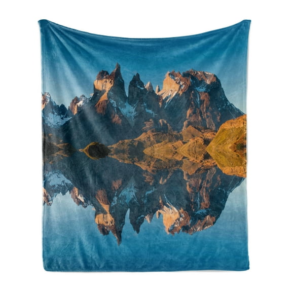 Nature Soft Flannel Fleece Throw Blanket, Majestic Rocky Mountains with Reflections on the Lake Creek Idyllic Landscape, Cozy Plush for Indoor and Outdoor Use, 50" x 70", Blue and Brown, by Ambesonne
