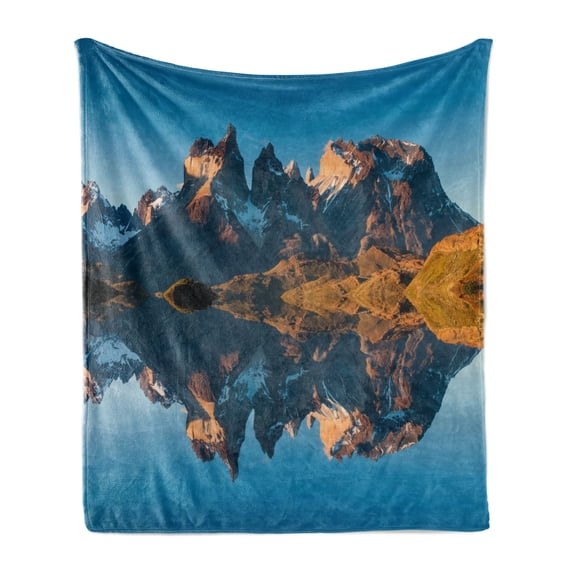 Nature Soft Flannel Fleece Throw Blanket, Majestic Rocky Mountains with Reflections on the Lake Creek Idyllic Landscape, Cozy Plush for Indoor and Outdoor Use, 50" x 70", Blue and Brown, by Ambesonne