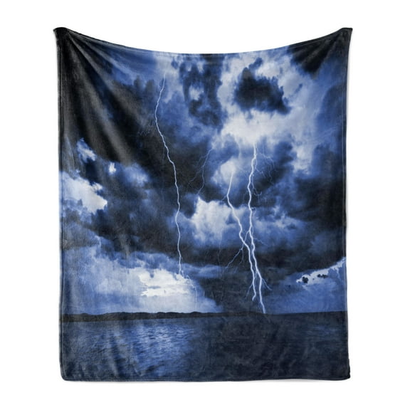 Nature Soft Flannel Fleece Throw Blanket, Majestic Sky View with Huge Rain Clouds All over the Sea and Vibrant Storm Rays Print, Cozy Plush for Indoor and Outdoor Use, 50" x 70", Blue, by Ambesonne